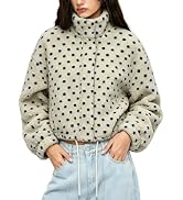 Vimida Women's Polka Dot Sherpa Teddy Cropped Jacket Oversized Stand Collar Zip Drawstring Hem Wi...