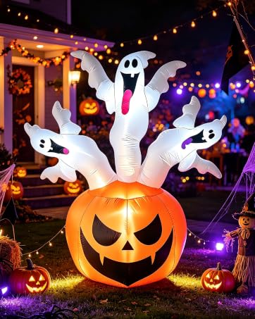 Bajree 6 FT Halloween Inflatable Haunted House with 2 Cute Ghosts | 6 Built-in LEDs, Fast Self-In...