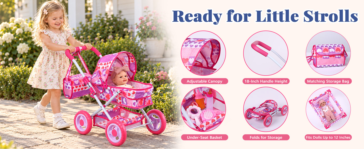 doll stroller play, doll feeding set, doll care accessories