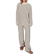 Ardrem Women Striped 2 Piece Lounge Set Long Sleeve Oversized T Shirts Wide Leg Pants Matching Se...
