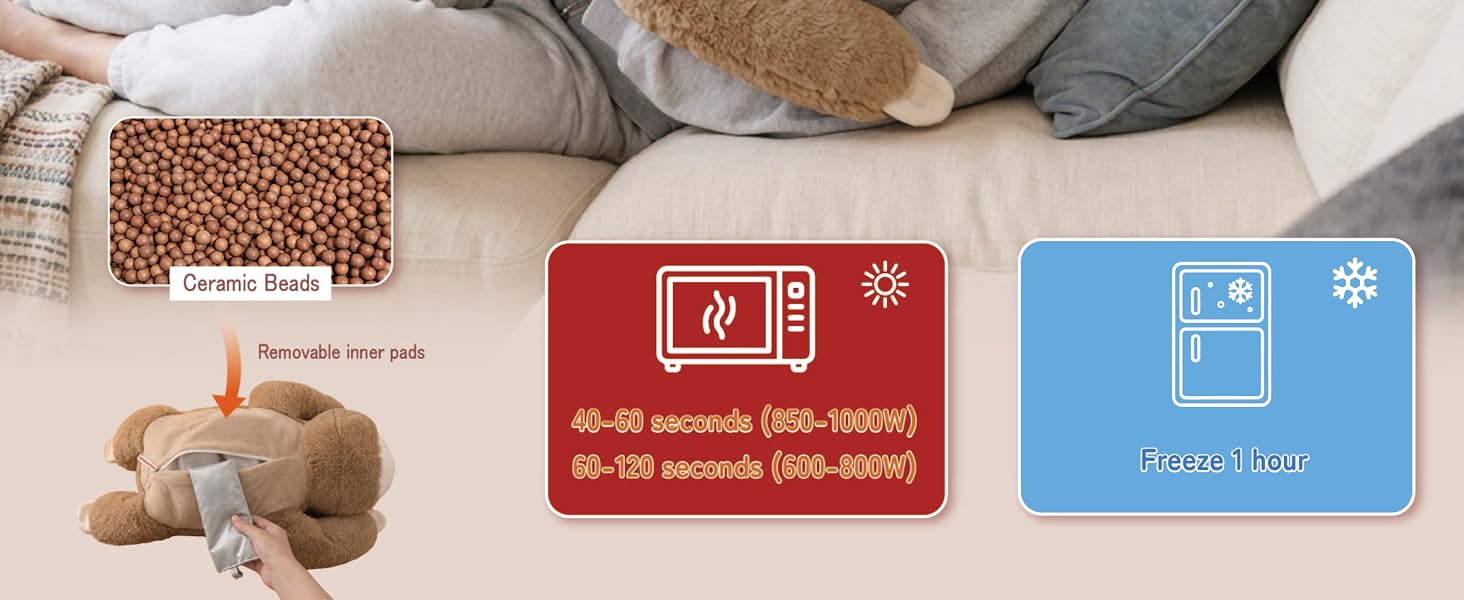 Removable ceramic bead pads for heating in microwave or cooling in freezer for the sloth plush.
