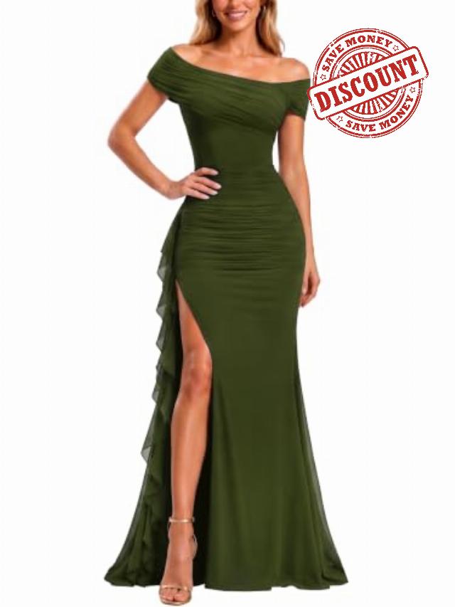 Miusol Women's Off Shoulder Mesh Ruched Formal Evening Party Maxi Dress                                                          Elegant Evening Gown