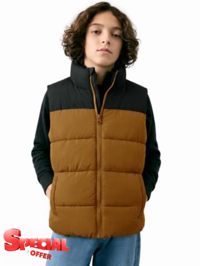 Haloumoning Boys Zip up Puffer Vest Kids Colorblock Sleeveless Jacket 5-14Y                                                          Side Pockets