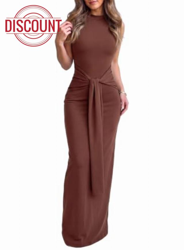Dokotoo Womens Sleeveless High Neck Tie Front Ribbed Bodycon Maxi Dresses                                                          Mock Neck Slim Fit Sexy Body Con Sweater Dress for Formal Date Night Party Cocktail Club Wedding Guest Christmas Homecoming