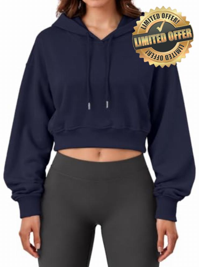 Remidoo Cropped Hoodie Women Long Sleeve Crop Top Casual Hooded Sweatshirt                                                          Hood Neck