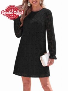KIRUNDO Womens Long Sleeve Crochet Floral Eyelet Lace Mini Dress                                                          Cute Elegant Fall Winter Long Sleeve Embroidered Loose Shift Dress for Wedding Guest Bridal Shower Garden Party Vacatio
