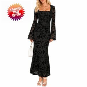 Women's Floral Bodycon Maxi Dress Square Neck Bell Long Sleeve Mesh Elegant Wedding Guest Cocktail Party Dresses