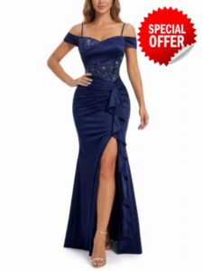 Miusol Women's Off Shoulder Lace Cross Sequin Design Formal Maxi Dress                                                          V-Neck