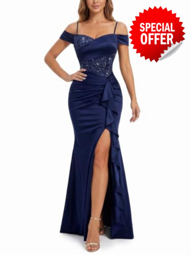 Miusol Women's Off Shoulder Lace Cross Sequin Design Formal Maxi Dress                                                          V-Neck