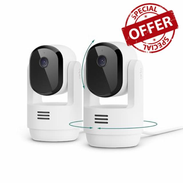 Arlo Essential Indoor Pan Tilt Zoom Security Camera 2K Wired - 2-Cam                                                          360° pan & 180° tilt; 2K pet camera; Auto motion tracking; Animal & sound detection; Animated preview; 1-mo Secure plan incl