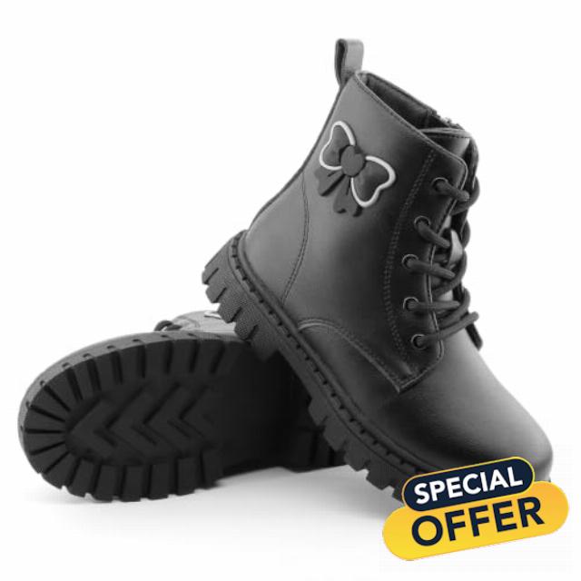 Girls Combat Boots Side Bow Detail Lace Up Side Zipper Ankle Boots                                                          Lightweight Flexible Non Slip Outsole Comfort for School