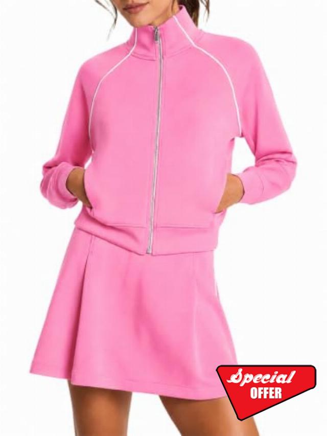 Fisoew Womens 2 Piece Skort Sets Track Jacket Sweatsuit Fall Tennis Outfits                                                          Stand Collar