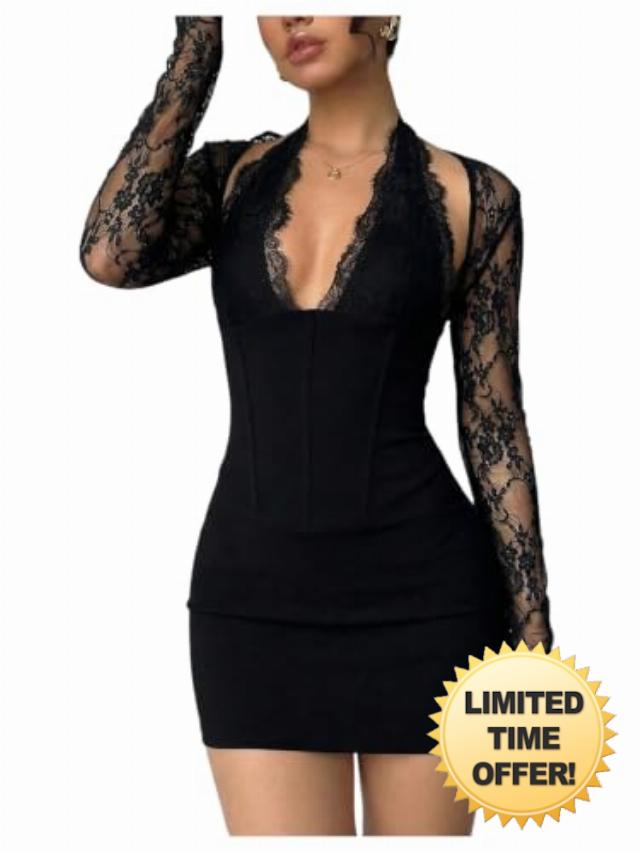 Floerns Women's Cut Out Lace Halter Neck Long Sleeve Night Out Dresses                                                          Lace Sleeve