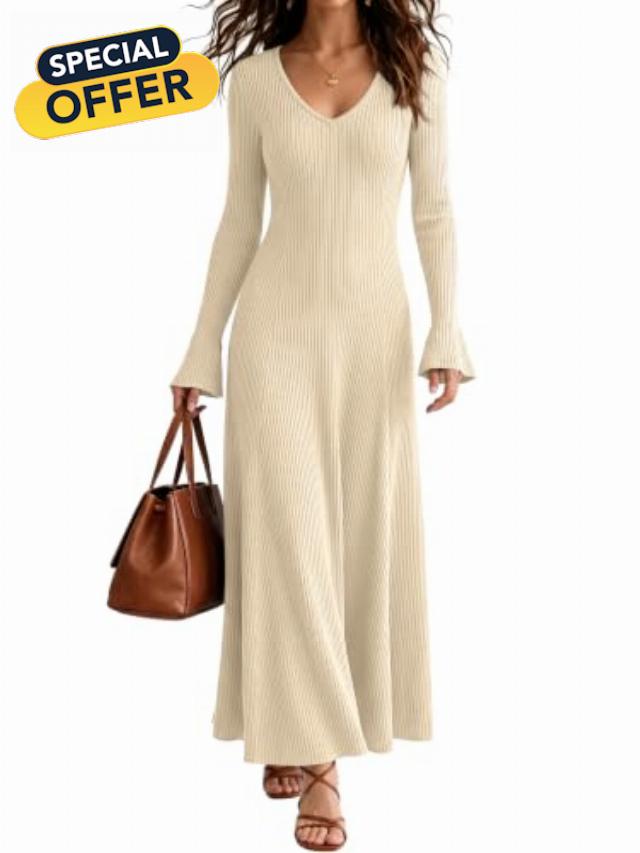 Caracilia Long Sleeve Maxi Dress for Women V Neck Knit Fall Dresses                                                          Bell Sleeve Swing Flowy A Line