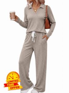 AUTOMET Women's 2 Piece Matching Lounge Sets 2026 Fall Casual Outfits                                                          Long Sleeve Polo Shirt & Drawstring Wide Leg Pant with Pockets