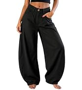 EXLURA Womens Faux Linen Barrel Pants Baggy Wide Leg Palazzo Pant Summer Cotton Lightweight Elast...