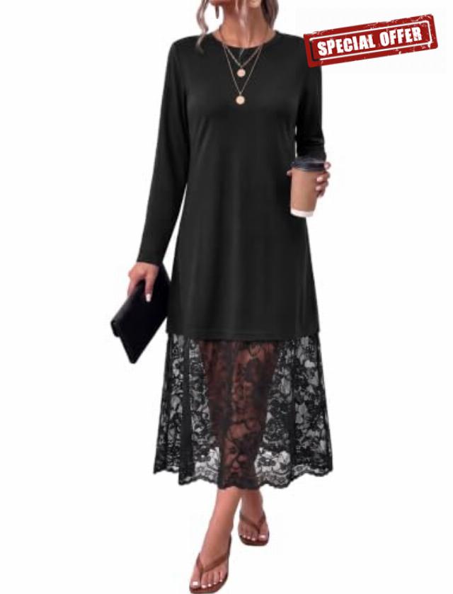 Long Sleeve Fall Dresses Midi Lace Patchwork Dress Fall Wedding Guest Dress                                                          Winter dresses