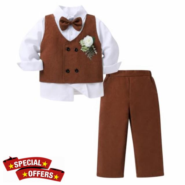 Toddler Boy Clothes Suit Formal Dress Shirt+Vest+Corsage+Tie+Pants 5Pcs Set                                                          toddler wedding outfit boy