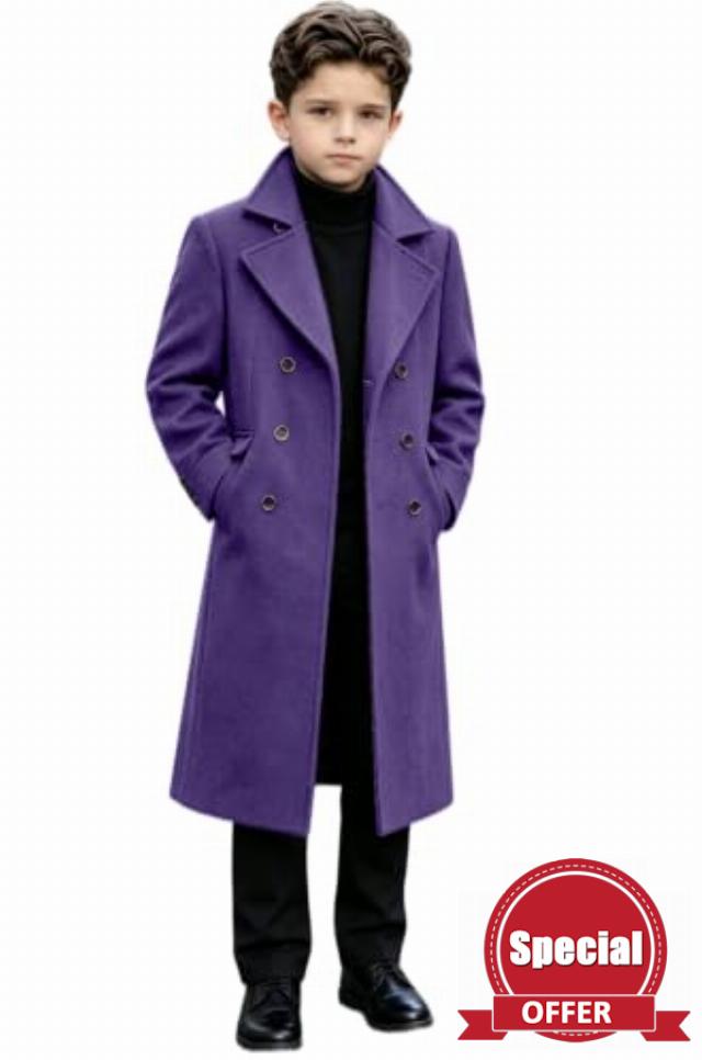 Boys Knee Length Trench Coat Double Breasted Long Wool Blend Overcoat                                                          Sophisticated knee-length cut with warm camel hue. Premium thermal overcoat for church services and winter banquets.