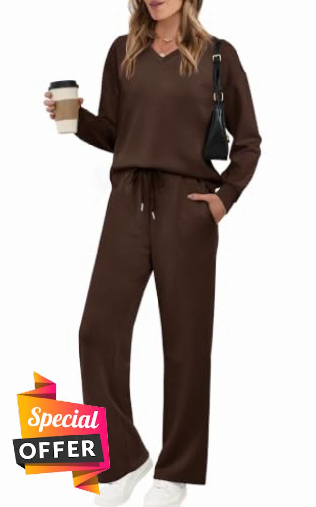 WIHOLL Women's 2 Piece Matching Lounge Set Sweatsuits Fall Outfits                                                          Long Sleeve V-Neck Tops