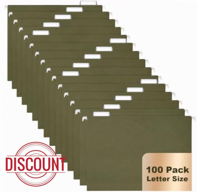 Hanging File Folders Letter Size - 100 Pack - 1/5 Cut Adjustable Tabs 8.5 x11 Inches