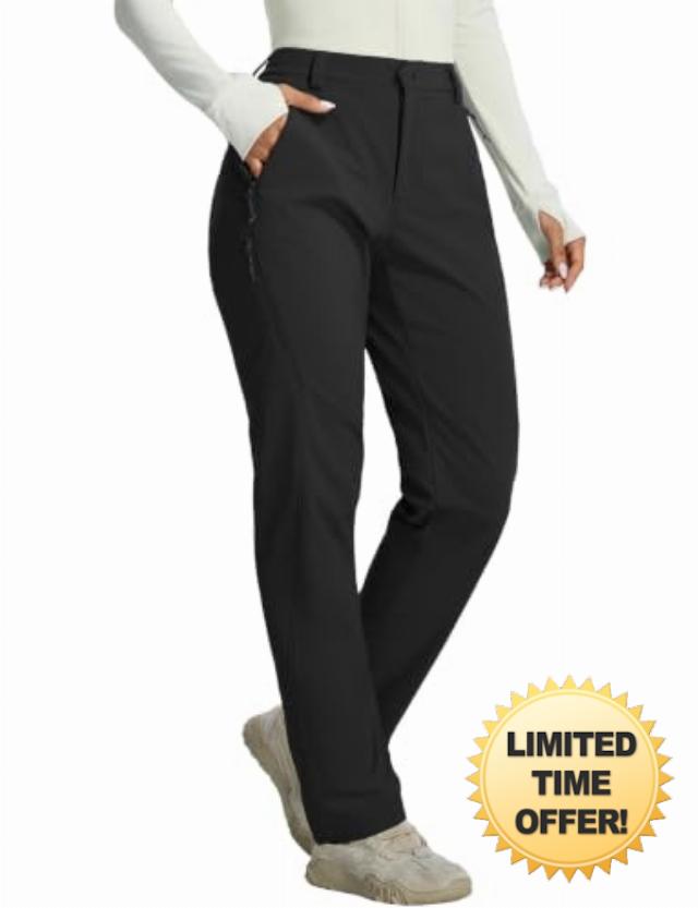baleaf Women’s Winter Softshell Pants Fleece Lined Snow Pants                                                          Water-resistant softshell blocks chilly wind; a warm inner layer