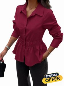 PRETTYGARDEN Women's Peplum Button Down Work Shirts Business Casual Tops                                                          Long Sleeve Cotton Blouses
