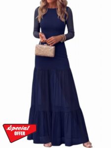 Womens Fall Long Sleeve Mesh Formal Wedding Guest Dresses                                                          Boat Neck Bodycon Maxi Dress for Cocktail & Party