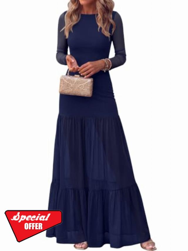 Womens Fall Long Sleeve Mesh Formal Wedding Guest Dresses                                                          Boat Neck Bodycon Maxi Dress for Cocktail & Party