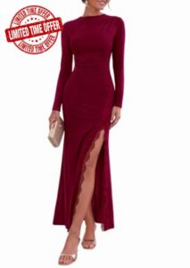PRETTYGARDEN Women's Long Sleeve Wedding Guest Dress Fall Ruched Maxi Dress                                                          High Slit Lace Trim Dressy Casual Semi Formal Winter Dresses for Cocktail