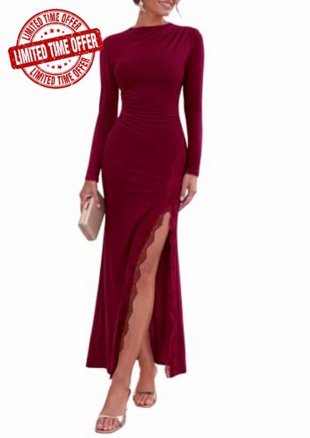 PRETTYGARDEN Women's Long Sleeve Wedding Guest Dress Fall Ruched Maxi Dress                                                          High Slit Lace Trim Dressy Casual Semi Formal Winter Dresses for Cocktail