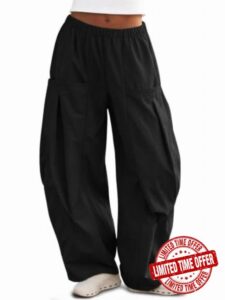 Yousify Womens Wide Leg Barrel Pants Elastic Waist Flowy Parachute Pants                                                          High Waisted