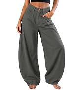 EXLURA Womens Faux Linen Barrel Pants Baggy Wide Leg Palazzo Pant Summer Cotton Lightweight Elast...