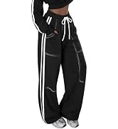 EXLURA Womens Cotton Baggy Wide Leg Sweatpants Side Striped Drawstring Elastic Waisted Y2K Track ...