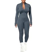 UOUA Womens Workout Set Two Piece Outfits Bodycon Long Sleeve Zipper Jacket & Leggings for Gym Tr...