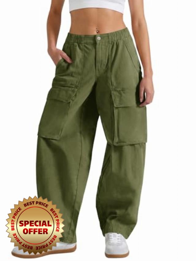 Fisoew Womens Barrel Baggy Cargo Pants Casual High Waisted Wide Leg Hiking Joggers with Pockets