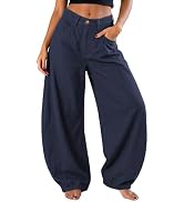 EXLURA Womens Faux Linen Barrel Pants Baggy Wide Leg Palazzo Pant Summer Cotton Lightweight Elast...