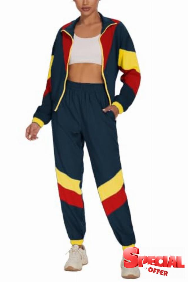 UOUA Women's 2 Piece 80s 90s Outfits Windbreaker Jacket Tracksuit 1980s 1990s Color Block Costume Retro Neon Matching Set Long Sleeve Coat & Jogging Pants