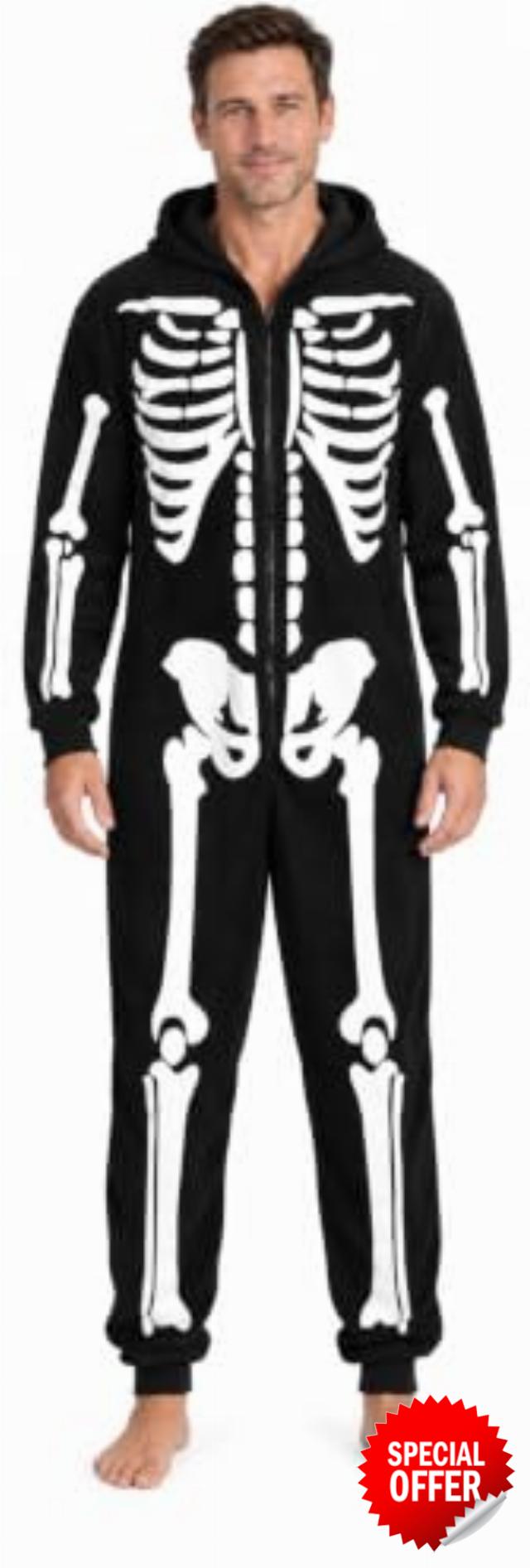 Just Love Women's Adult Onesie Skeleton Halloween Costume with Hood                                                          Soft microfleece skeleton onesie with a hood and zip-up front for trick-or-treating