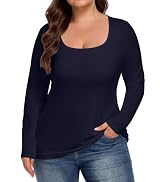 Plus Size Long Sleeve Tops for Women Ribbed Scoop Neck Slim Fit Undershirts | Lightweight&Breatha...
