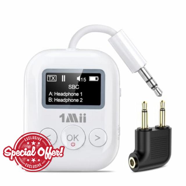 1Mii 2026 Upgraded SafeFly Min+ Airplane Bluetooth Adapter for 2 Headphones aptX Adaptive & HD