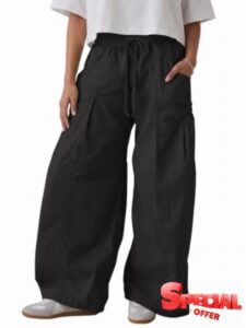 Aoysky Womens Wide Leg Cargo Pants                                                          Baggy High Waisted Cotton Drawstring Pants with Pockets Hiking Loose Fit Barrel Trousers