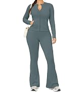 UOUA Women's 2 Piece Set Long Sleeve Jacket & Ankle Length Workout Flare Leggings Casual Matching...