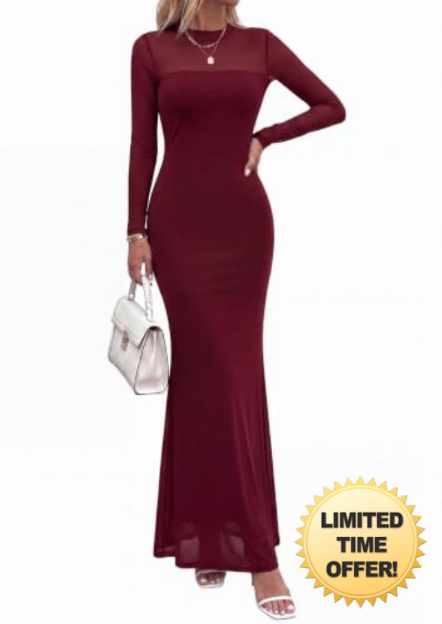 PRETTYGARDEN Women's Long Sleeve Formal Mesh Fall Wedding Guest Maxi Dress                                                          Sexy Sheer Fabric