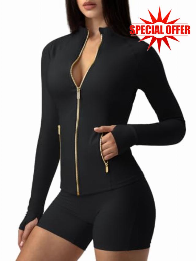 AVGO Women Golden Zipper Workout Jacket Light Running Tops with Thumb Holes Golden Zipper