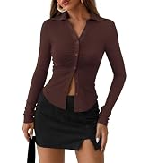 PRETTYGARDEN Womens Button Down Shirts V Neck Collared Ruched Slim Fit Long Sleeve Shirt Casual F...