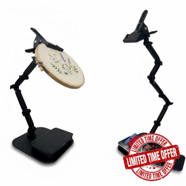 OWFCCLA Adjustable Embroidery Hoop Stand - Hands-Free Cross Stitch Holder                                                          Upgraded extra weighted base for total stability. Hands-free adjustable embroidery hoop stand with secure latch storage tray.
