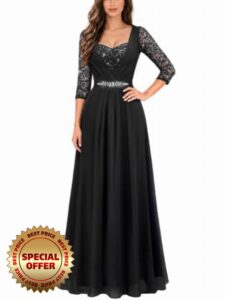 Miusol Women's Square Neck Sequin Lace 2/3 Sleeve Bride Formal Maxi Dress                                                          Empire Waist