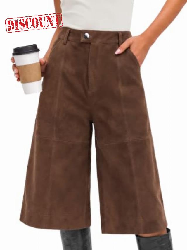 Cicy Bell Womens Faux Suede Bermuda Shorts Dressy Casual Knee Length Shorts                                                          Wide Leg