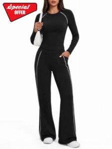 Women's 2 Piece Set With Long Sleeve Top And High Waist Flare Pants                                                          Quick Dry Fabric